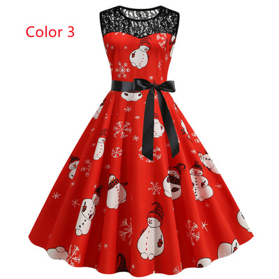 Christmas Printed Lace Stitching Dress