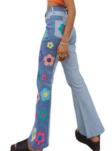 Embroidered Flower Pattern Color Matching Jeans