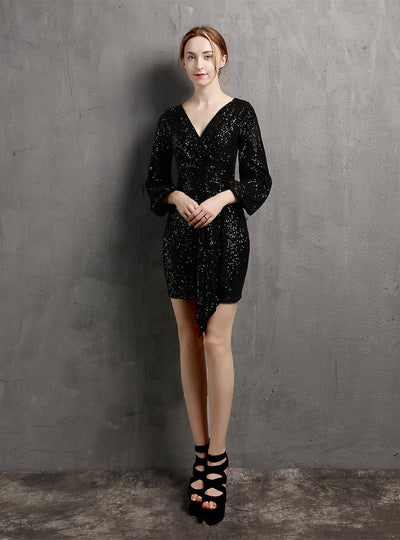 Long Sleeve V-neck Sequins Party Dress