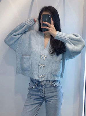 Women Fashion Rhinestone Buttons Loose Knitted Cardigan