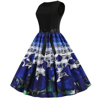 Retro Sleeveless Note Flower Print Dress