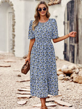 Silm Waist Round Neck Printed Dress