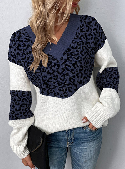 V-neck Pullover Color-bump Leopard Sweater