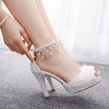 Thin Lace Beaded Fishmouth High-heeled Sandals