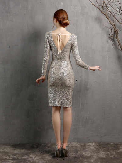 Long Sleeve Sequins Split Party Dress