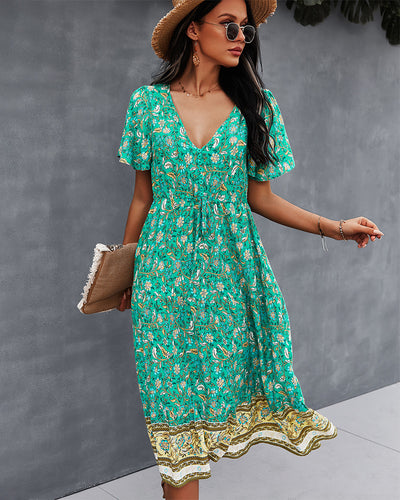 V-neck Short Sleeve Bohemian Printed Dress