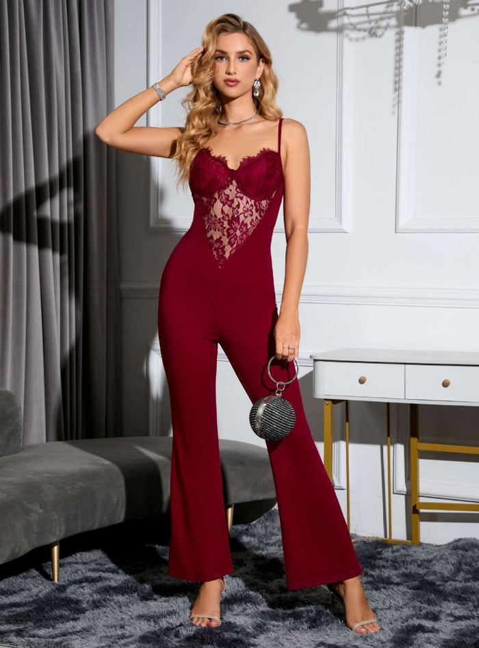 V-neck Openwork Lace Suspender Jumpsuit