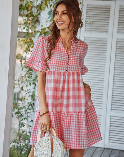 Plaid Stitching Pocket Dress