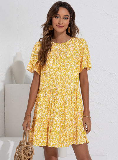 Round Neck Floral Lotus Leaf Sleeve Loose Dress