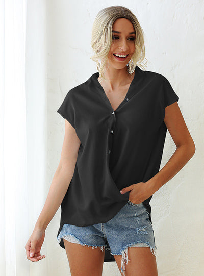 V-button Bat Sleeve Loose Chiffon Shirt
