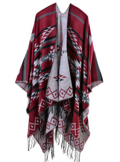 Geometric Rhombic Tassel Cape With Split Shawl