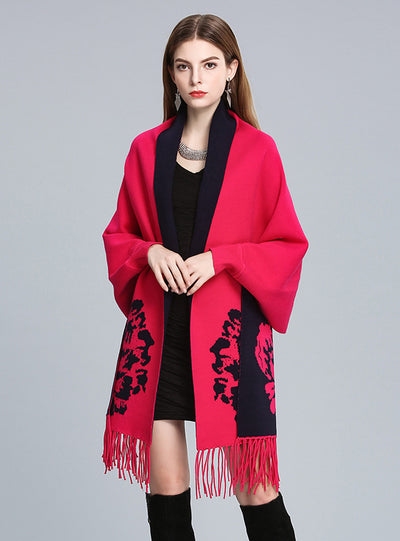 Jacquard Fringed Knitted Shawl Cloak Bat Sleeve Padded