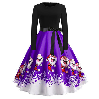 Santa Claus Print Long Sleeve Big Swing Dress