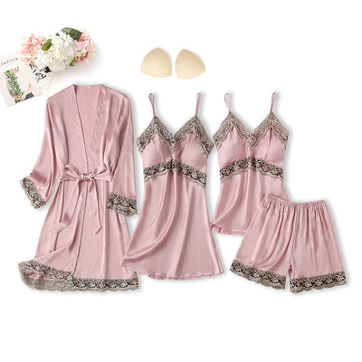 Silk-like Pajamas Four-piece Sling Long Sleeve Nightgown