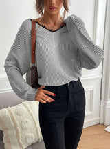 Spliced Lace Pullover V-neck Sweater