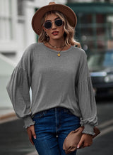 Round Neck Pleated Lantern Sleeve T-shirt