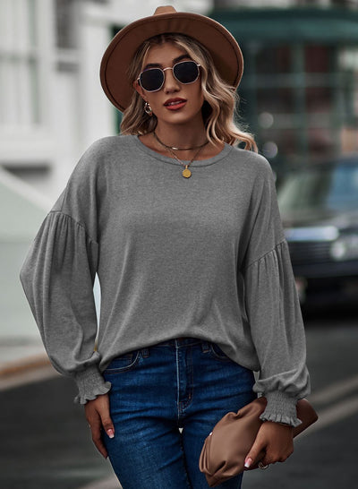 Round Neck Pleated Lantern Sleeve T-shirt