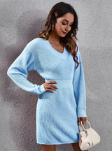 Women V-neck Long Sleeve Sweater Dress