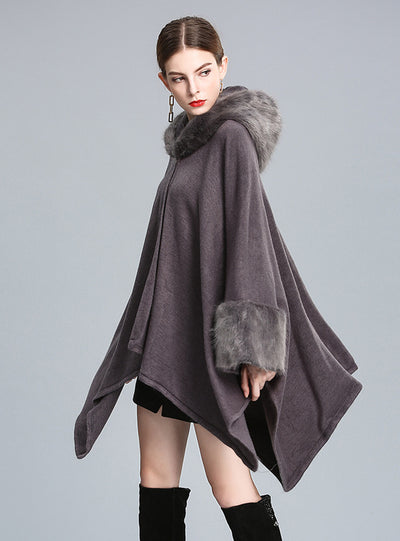 Mink-like Hooded Shawl Cloak Large Size Knitted Cardigan