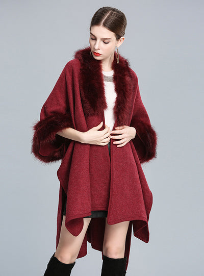 Imitation Fox Fur Collar Shawl Cape Woolen Coat Cardigan