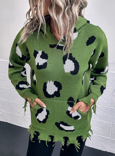 Leopard Print Hooded Holes Sweater