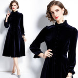 Autumn Winter Long Sleeve Button Velvet Dress