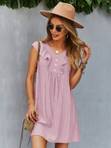 Round Neck Lotus Leaf Sleeve Solid Color Casual Dress