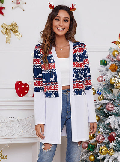 Loose Color Matching Christmas Printed Cardigan Coat