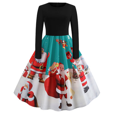 Vintge Christmas Printed Long Sleeve Dress