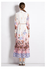 Bohemian Lapel Waist-exposed Hollow Print Long Dress