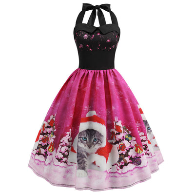 Retro Christmas Printed Halter Dress