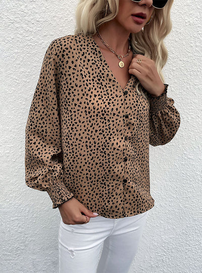 V-neck Long Sleeve Print Leopard Print Shirt