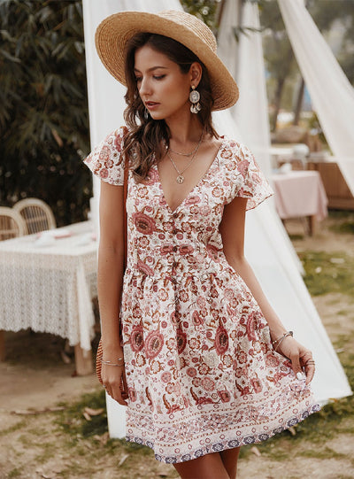 V-neck Holiday Casual Print Dress