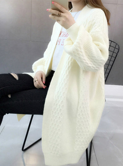 V neck Lantern Sleeve Open Stitch Loose Sweater Jacket