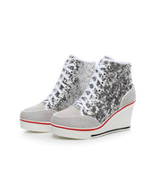 Wedges lace up Flats Ankle high top Sliver Canvas 