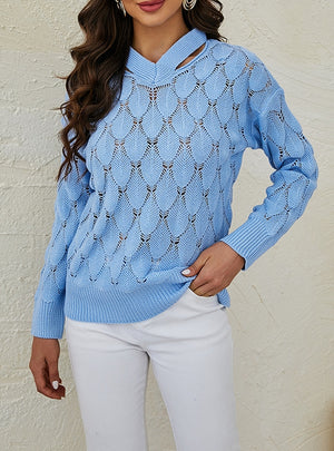 Solid-color V-neck Fish-scale Hollow Sweater