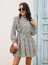 Ruffled Wood Ear Collar Long Sleeve Printed Dress