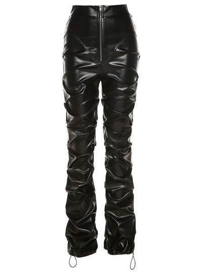Imitation Leather Trousers High Waist-pack Feet Pants