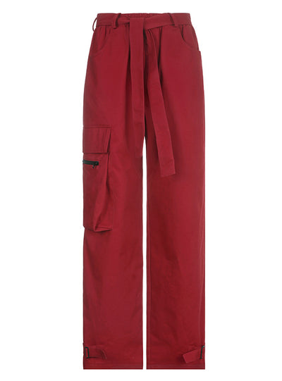 Red Overalls Casual Slim Straight Pants