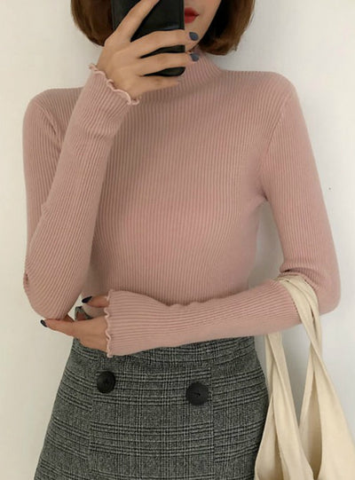 Women Sweater High Elastic Solid Knitted Pullovers