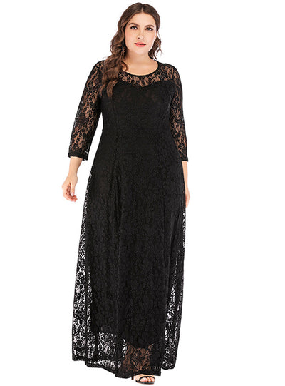 Large Size Lace 3/4 Sleeves Hollow Out Long Dress
