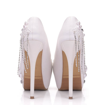 White Lace Rhinestone Pearl Wedding Shoes