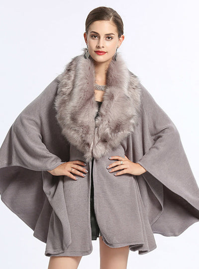 Fox Like Fur Collar Loose Knit Shawl Cape Large Size