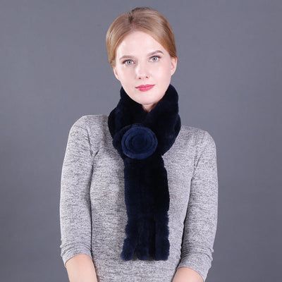 Female Rex Rabbit Hair Knitted Flower Fur Scarf