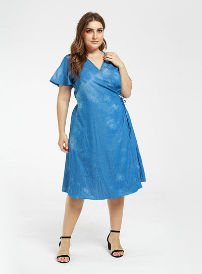 Denim tie-dyed Drawable Waist Tie Dress