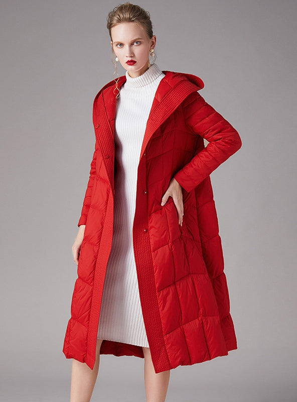 White Eiderdown Hooded Red Down Jacket