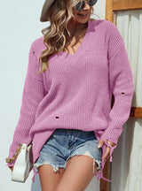 Solid Color V-neck Pierced Tassel Sweater