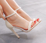 Thin Buckle Crystal Pearls Heel Sandals