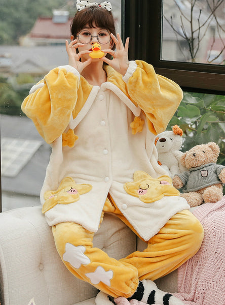 Pajama Female Coral Velvet Cute Cartoon Star Flannel Suit