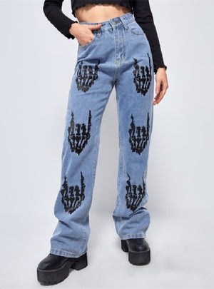 Women Printed Loose-leg Pants Jeans